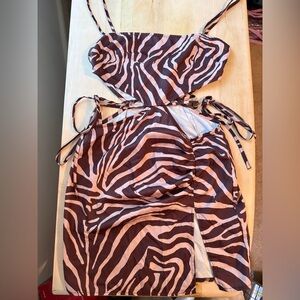 PrettyLittleThing Pink and Brown Zebra Print Cutout Dress